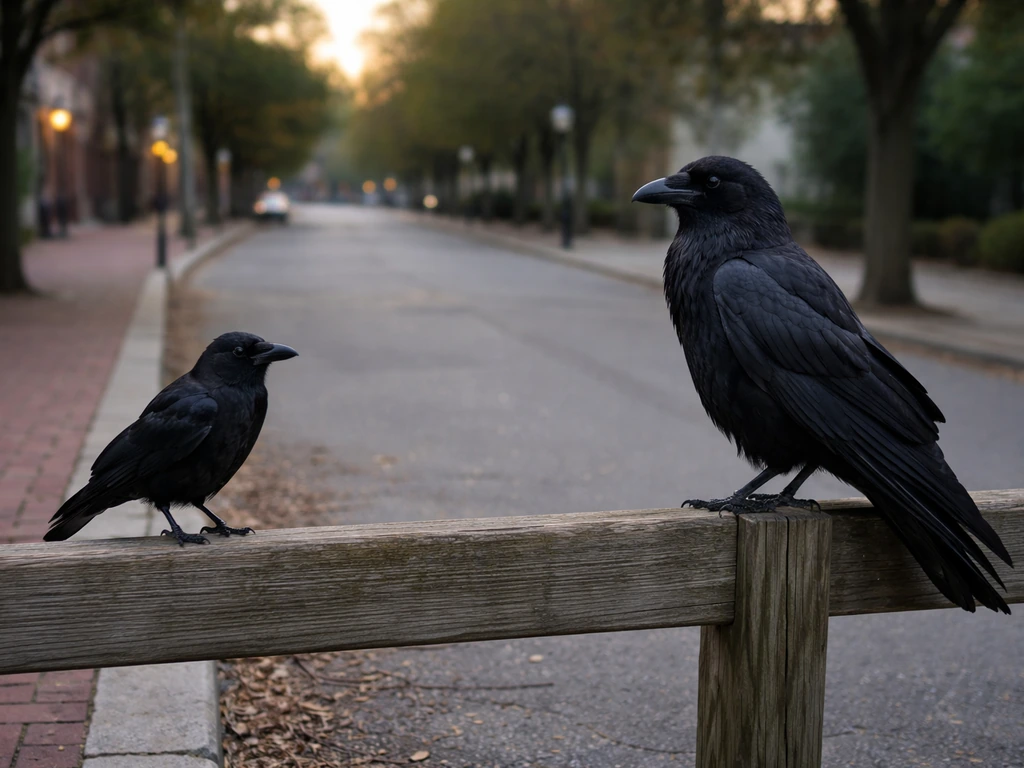A crow and a raven perched on a fence in an urban-rural twilight setting.