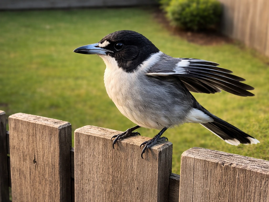 Close-up of a butcherbird perched by a suburban yard fence, capturing a nearby swoop moment.