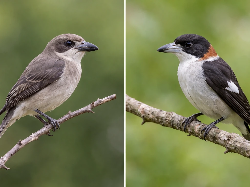 Two small native birds perched separately, showing distinct look cues like red eyes and gray-brown plumage