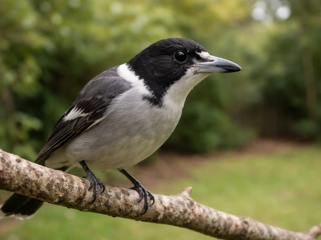 Butcher bird perched on a branch, head turned scanning the area in soft green garden light.