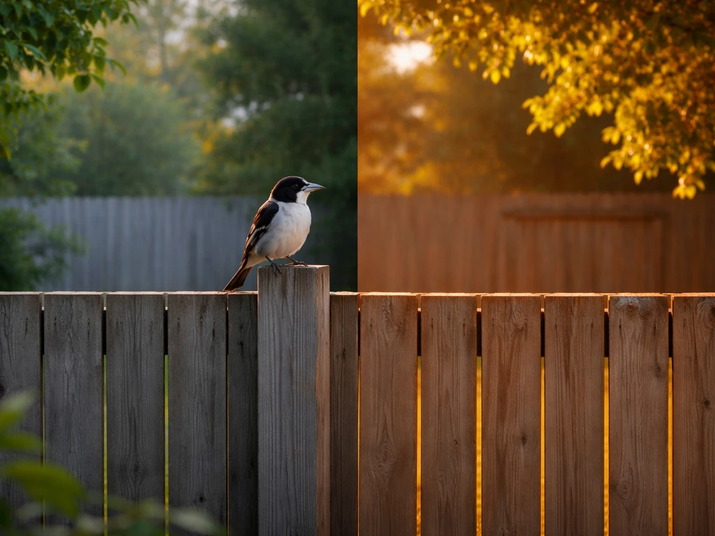 Butcherbird perched on a backyard fence in warm morning and late-afternoon light, suggesting repeated visits.