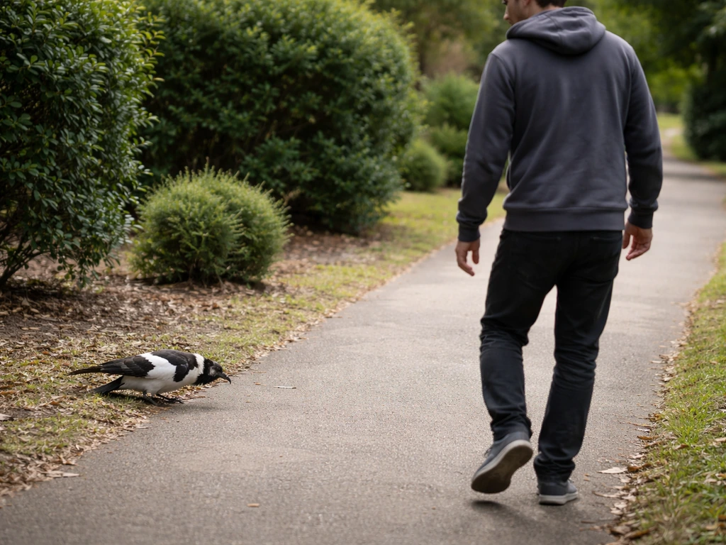 Person calmly backing away from a swooping bird near a garden path, keeping safe distance.