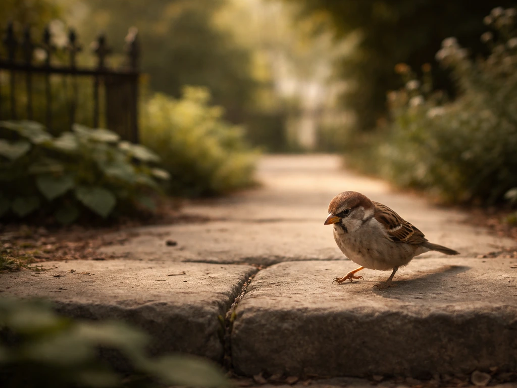 Small bird stepping down a residential walkway toward the camera, with garden greenery softly blurred.
