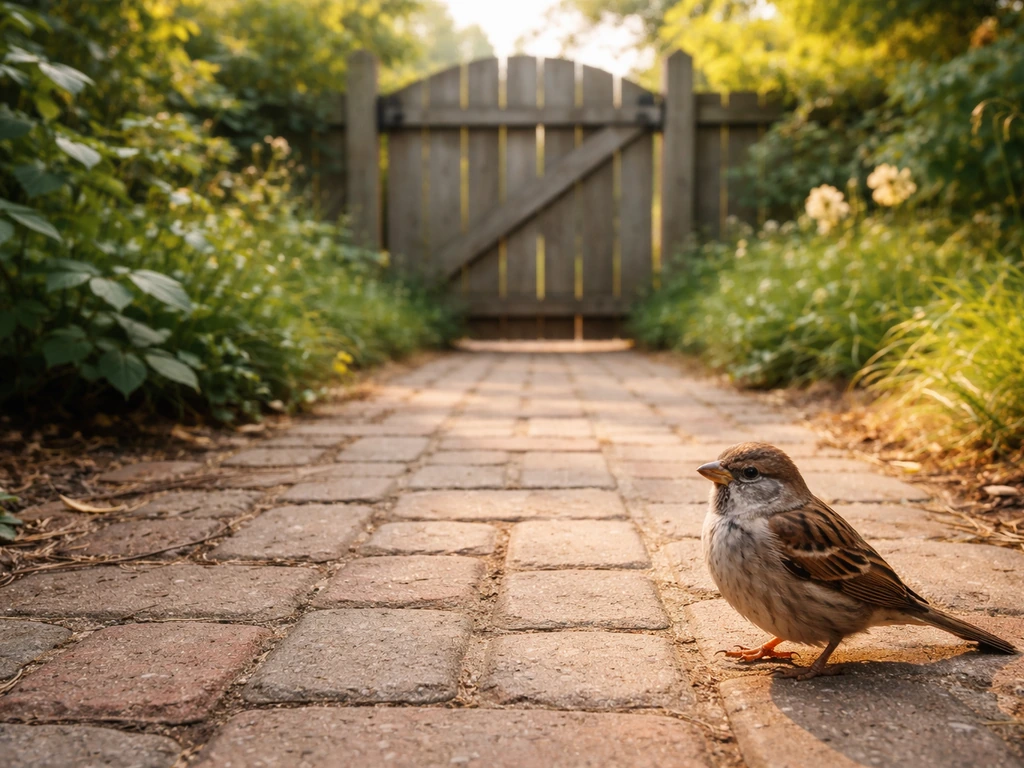 A small wild bird approaches an open garden walkway in a domestic yard, creating a quiet intimate encounter.