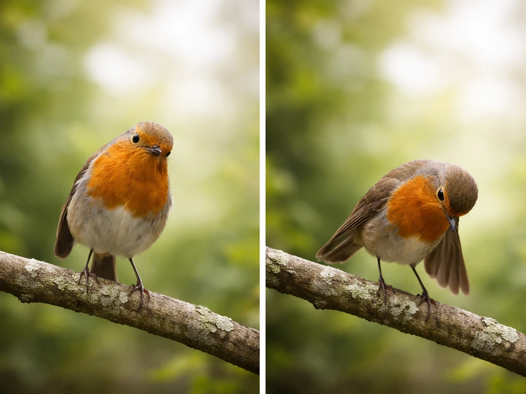 Two simple side-by-side panels showing a small bird with human-like social behavior in a calm outdoor setting.