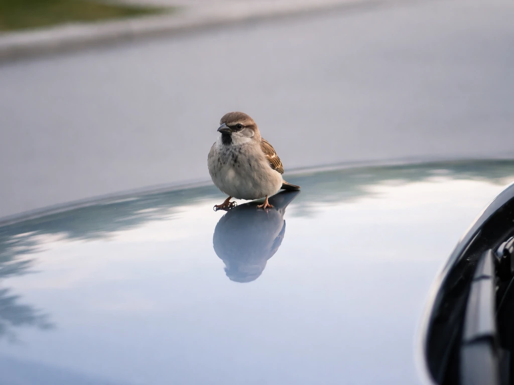 A small bird perched on the glossy hood of a parked car, alert in bright daylight reflections.