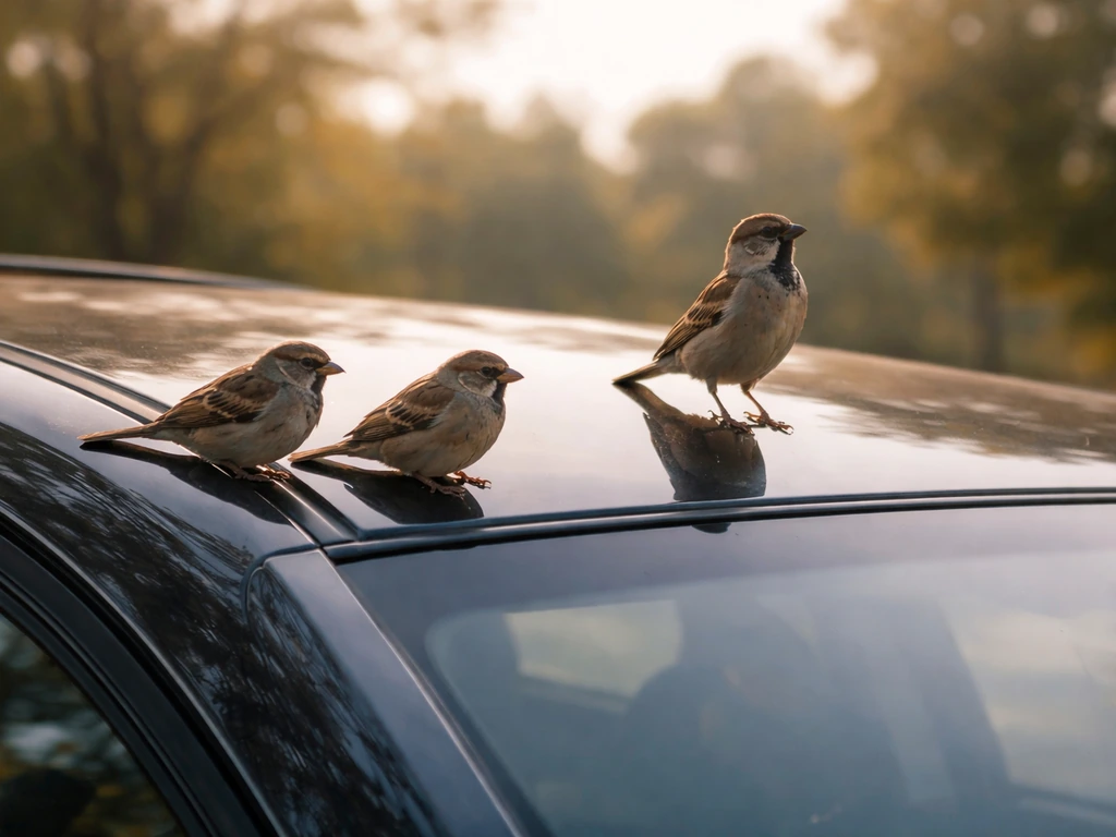 Small birds perched on a sun-warmed dark car hood with a blurred tree line behind