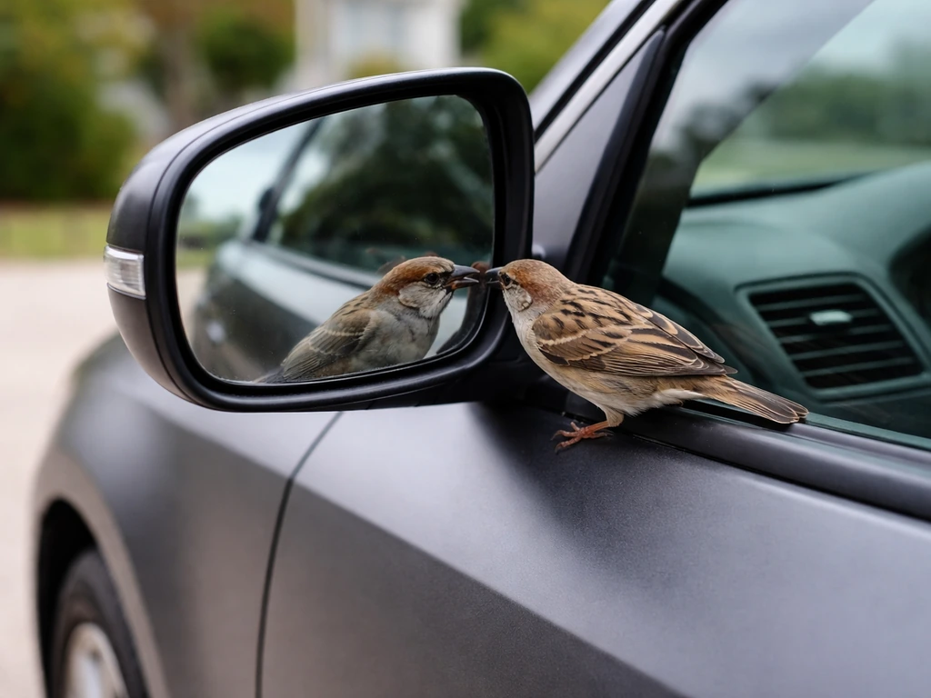 Small bird repeatedly pecking a car side mirror, captured mid-action with glass reflections.