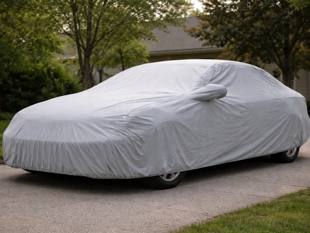 A fitted car cover fully placed over a parked car in a quiet driveway at daylight.