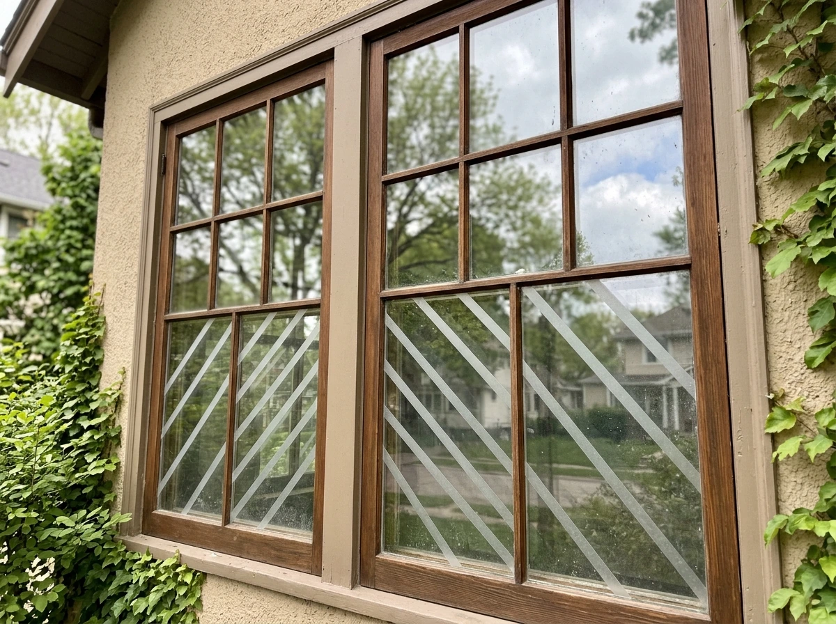 Window with applied tape strips to make glass more visible to birds.