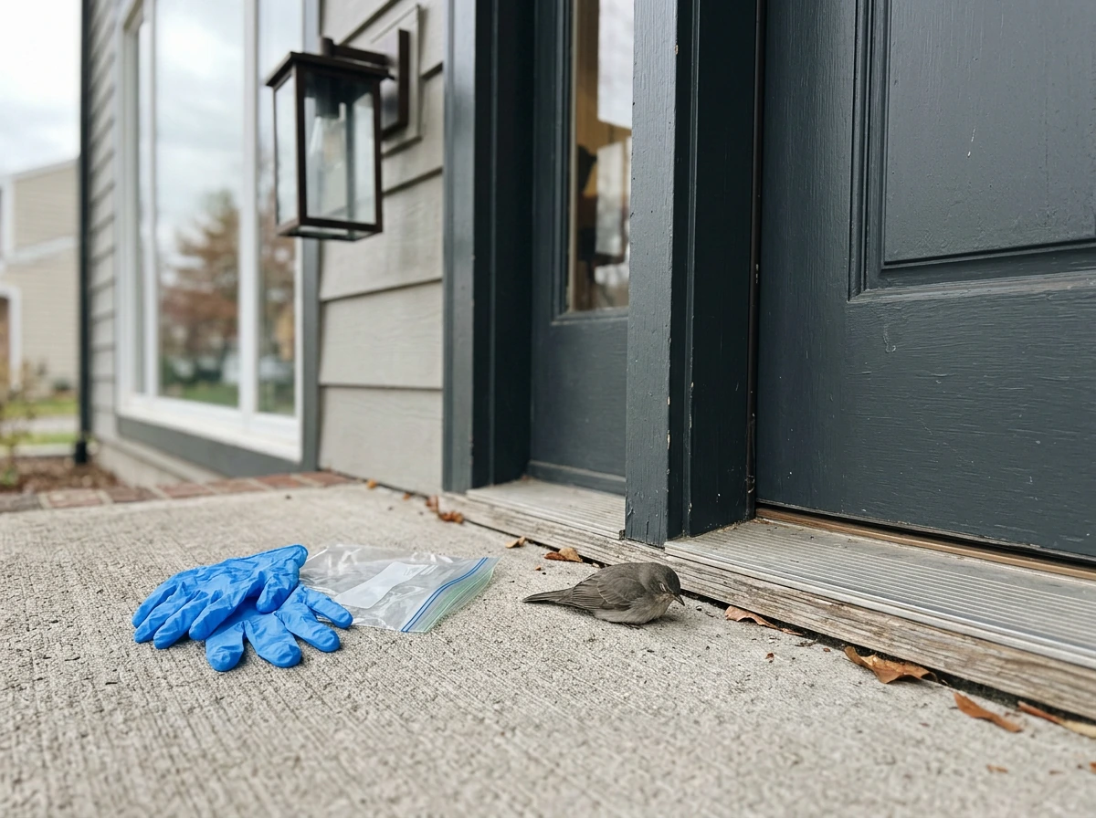 Dead bird on a porch walkway with gloves and bag set aside for safe cleanup.