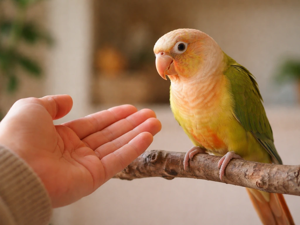 Warm close-up of a calm parrot perched beside its owner’s hand, showing relaxed bonding body language.