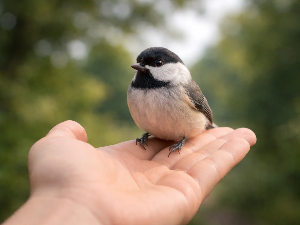 Small songbird perched calmly on a person’s hand, relaxed feathers and comfortable posture