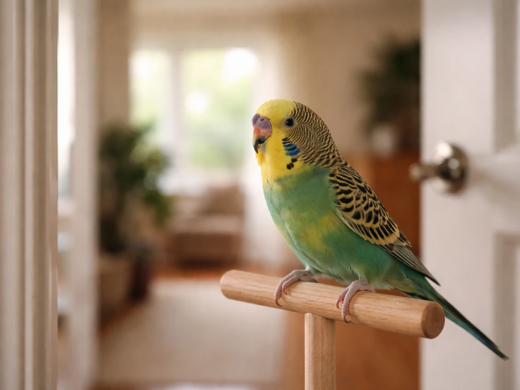 Pet bird perched near a doorway, calling toward an owner off-frame and settling when they return.