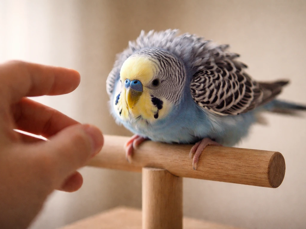 Tense, feather-ruffled pet bird crouching near a nearby human hand in a softly lit room.