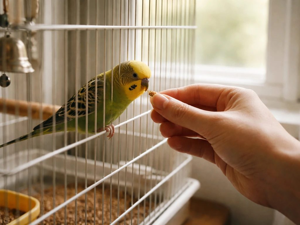 Person calmly offering a small treat to a pet bird through cage bars in a quiet room
