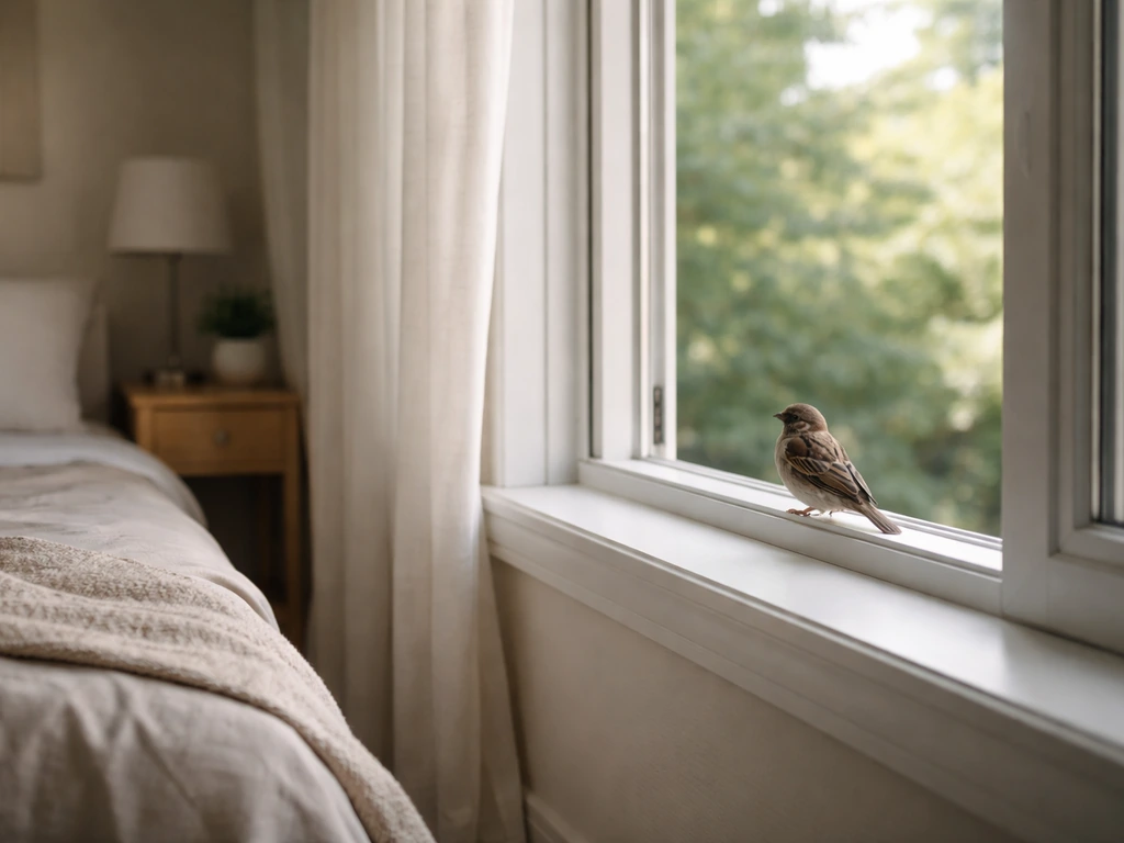 Small bird perched by an open bedroom window ledge, calm daylight scene.