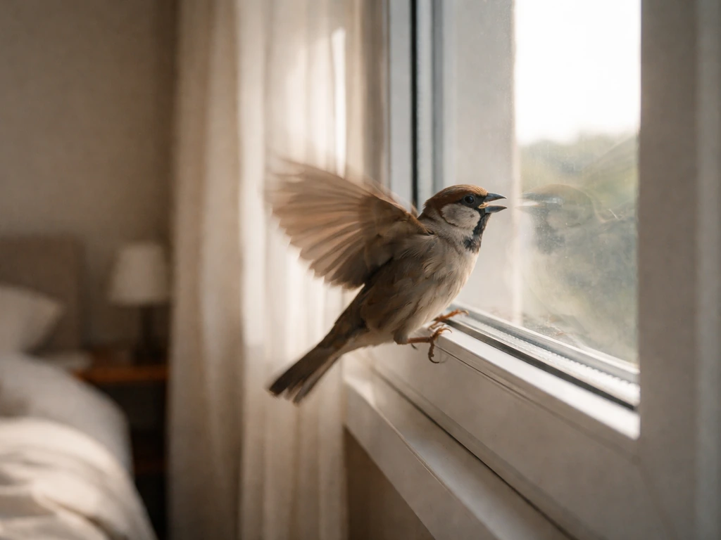 A small bird flutters urgently near a bedroom window, appearing to hit or rebound from the glass.