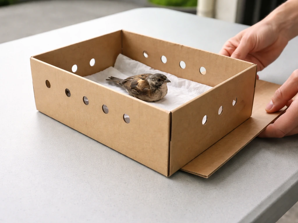 A small bird inside a ventilated shoebox on a flat surface while a cardboard sheet is slid underneath.