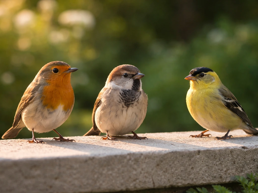 Three small birds (robin, sparrow, finch) on a ledge under warm morning and cooler afternoon light cues.