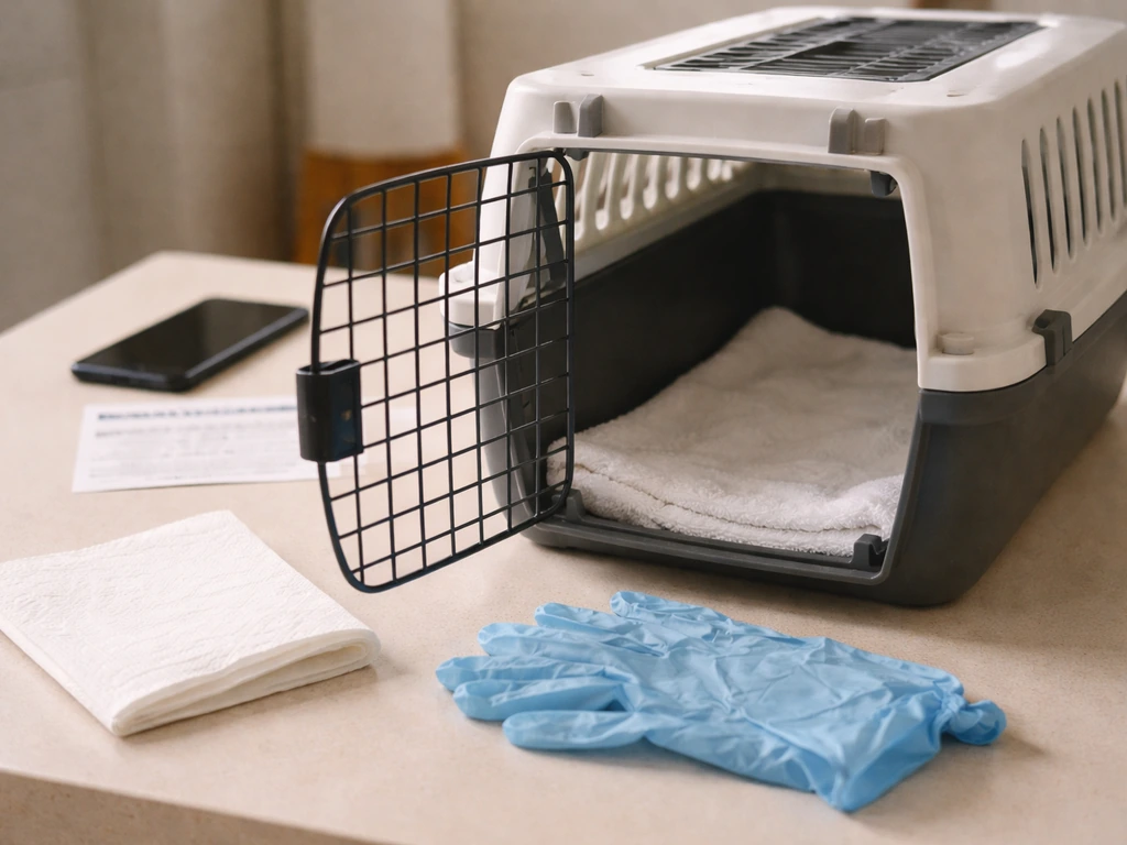 Recovery carrier and gloves on a table with a phone and unreadable contact card in the background.