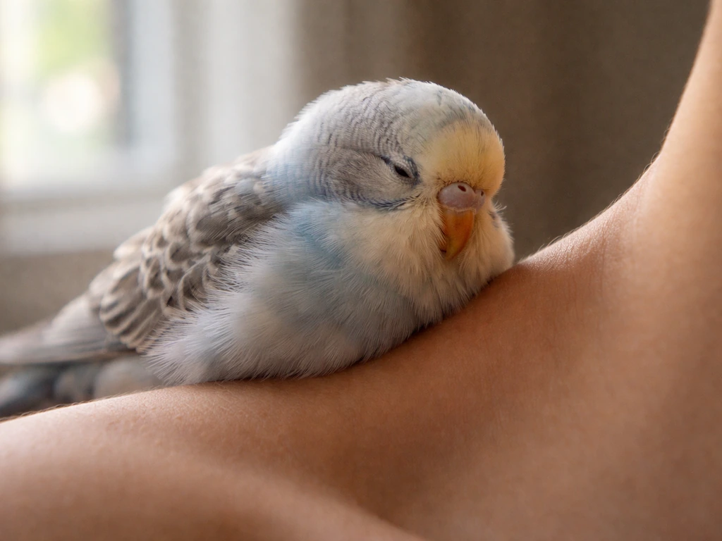 Small pet bird peacefully asleep on a person’s shoulder, warm cozy bonding moment.