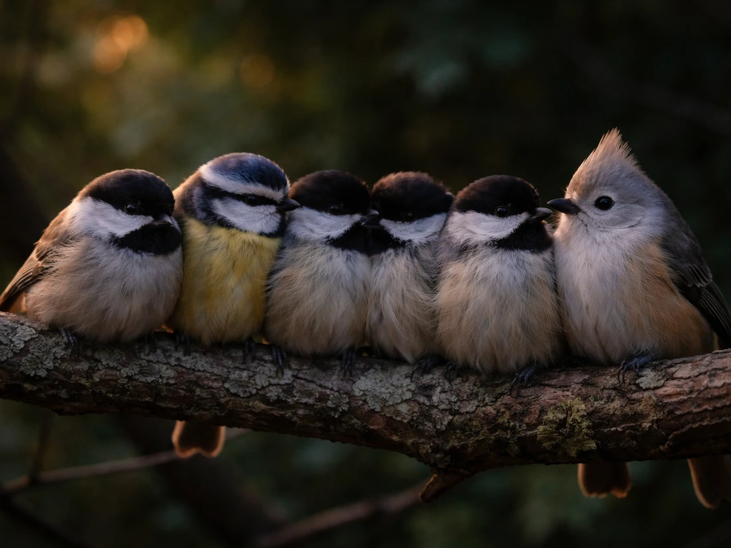 Several small birds huddled together on a branch, resting close for warmth and comfort.