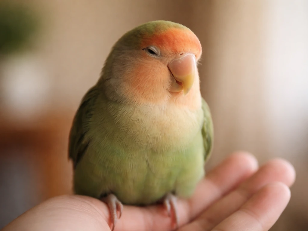 Relaxed parrot perched on a person’s hand with smooth feathers and a slow, peaceful blink