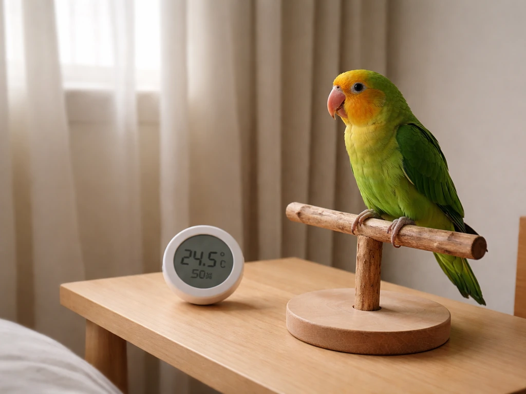 Relaxed parrot perched beside a digital thermometer on a bedside table in a bright room.