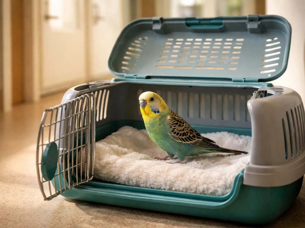 Small pet bird in a carrier at a clinic doorway, alert posture suggesting an urgent vet visit.