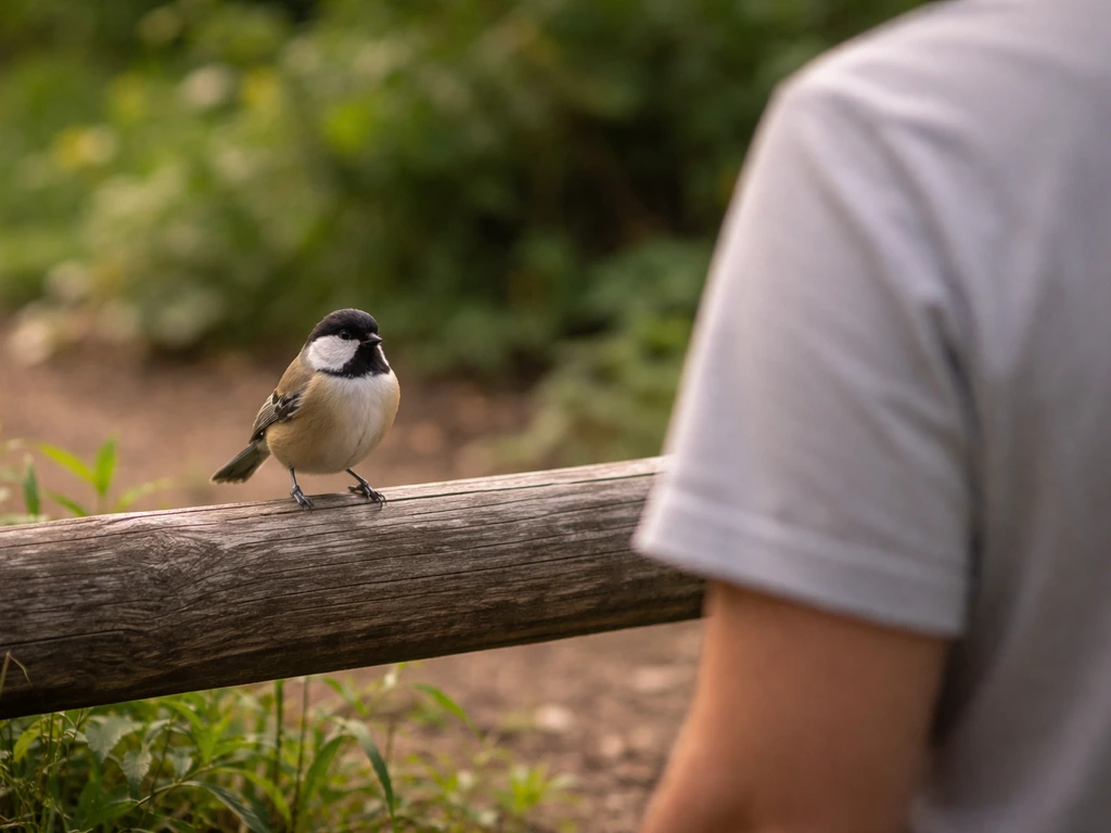 A small bird perched nearby, looking at a person calmly with safe, non-aggressive body language.