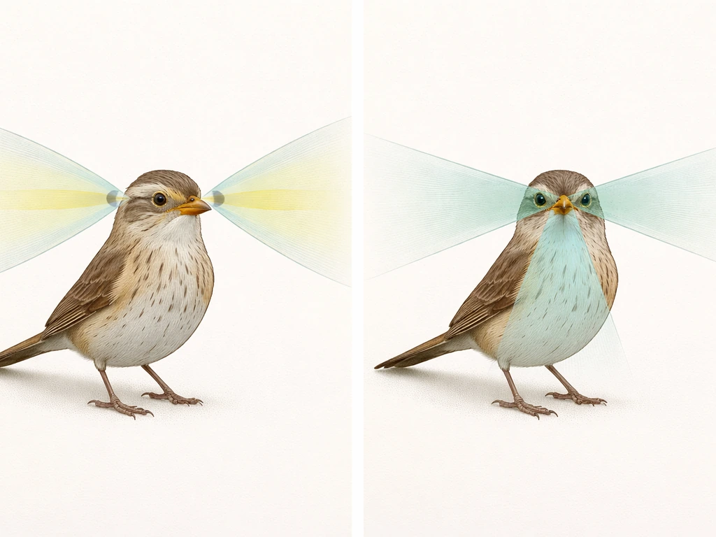 Minimal diagram-style scene showing a bird’s side-view eyes and head angle changing its field of view.