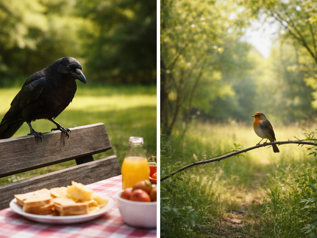 A crow near lunch at close range and a small songbird farther away in different habitats, both watching quietly.