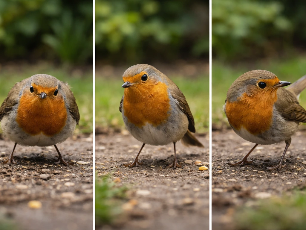 Small bird showing alert, relaxed curiosity, and territorial scanning postures in a garden.