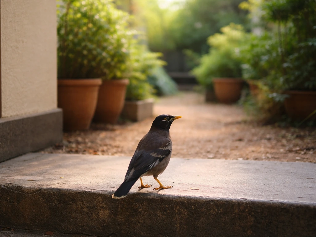A myna bird perched on a porch step, looking back toward a quiet garden in morning light.