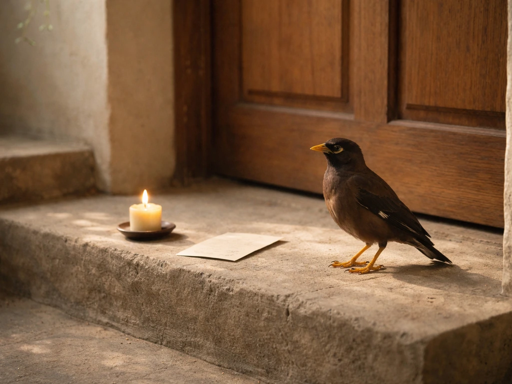A myna bird perched near a home doorway, with a small lit candle and a handwritten note on the step