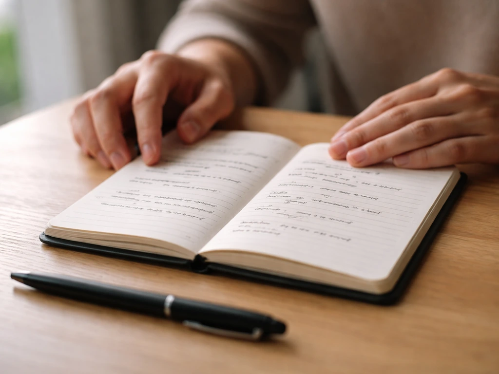 Close-up of a notebook page with handwritten journaling details and a pen resting on top.