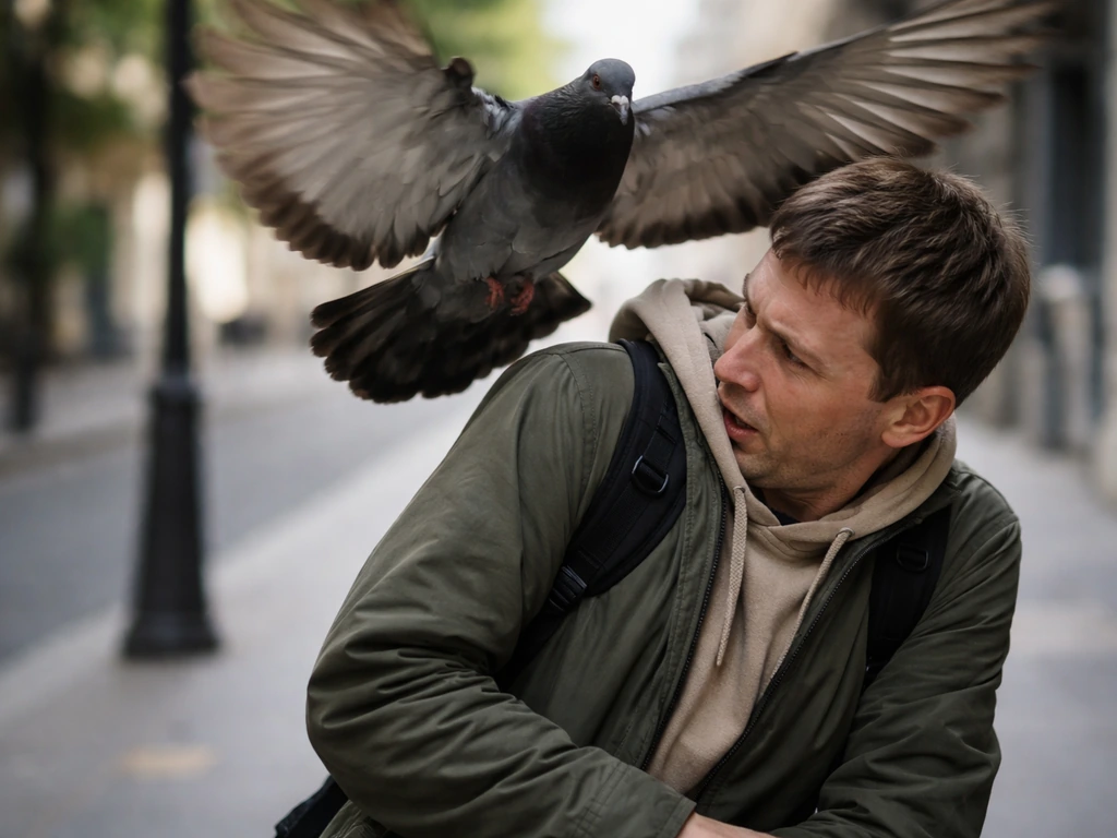 A bird mid-flight swoops toward a pedestrian on a quiet city sidewalk, suggesting a near-miss without injury.