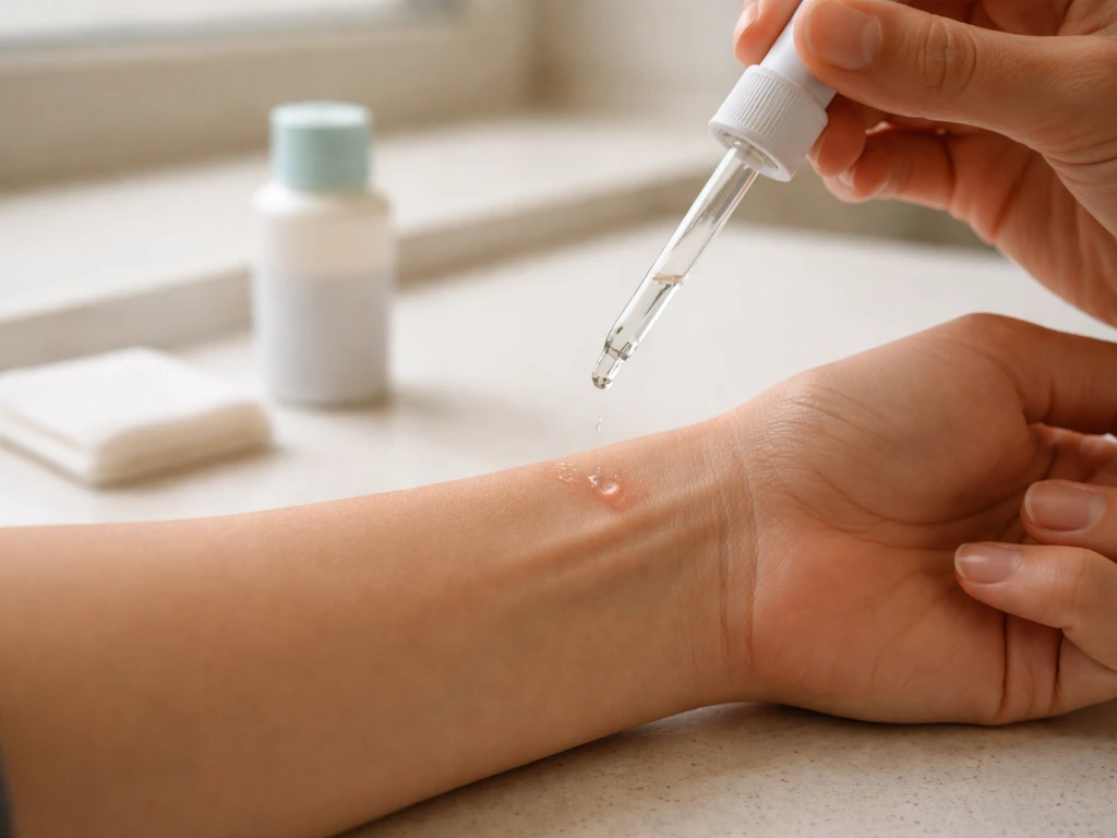 Close-up of checking a forearm for tiny scratches and applying antiseptic after bird contact.
