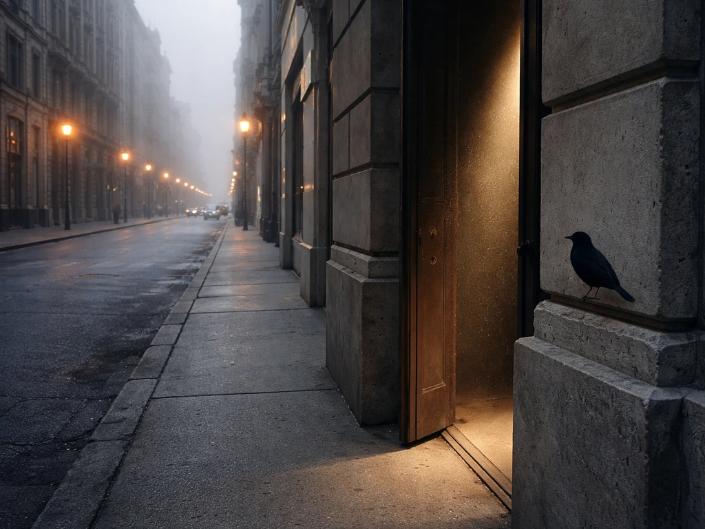Overcast street and doorway with a small bird silhouette and a subtle exclamation-like light beam.