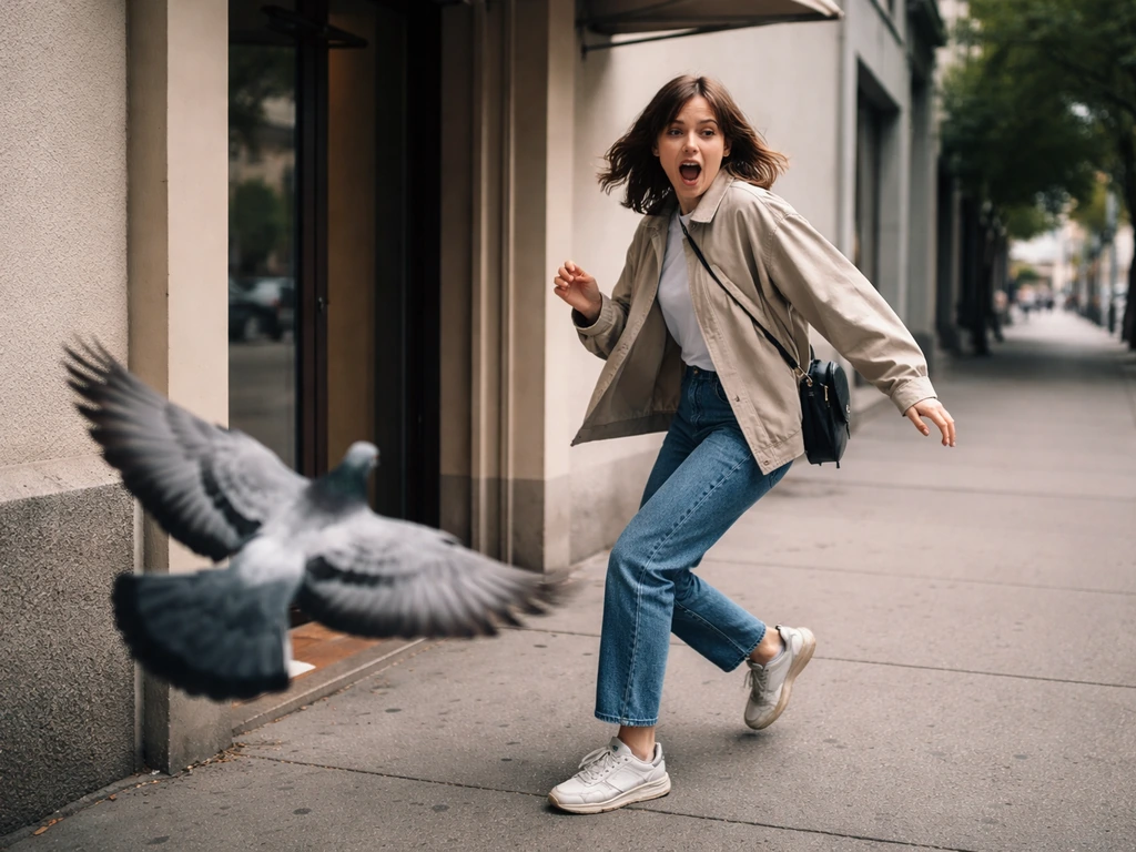 Person abruptly turns at a street doorway to avoid a low-flying bird, signaling a disruptive change.