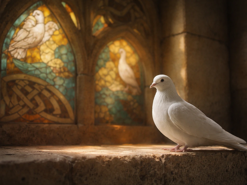 A lone white dove on stone with warm stained-glass light and subtle Celtic knot patterns behind it.