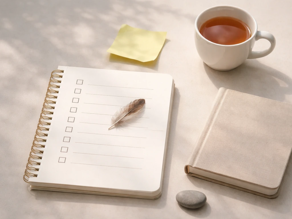 Minimal flat-lay checklist with a small bird feather and three labeled-feeling prompts beside it, in natural light.