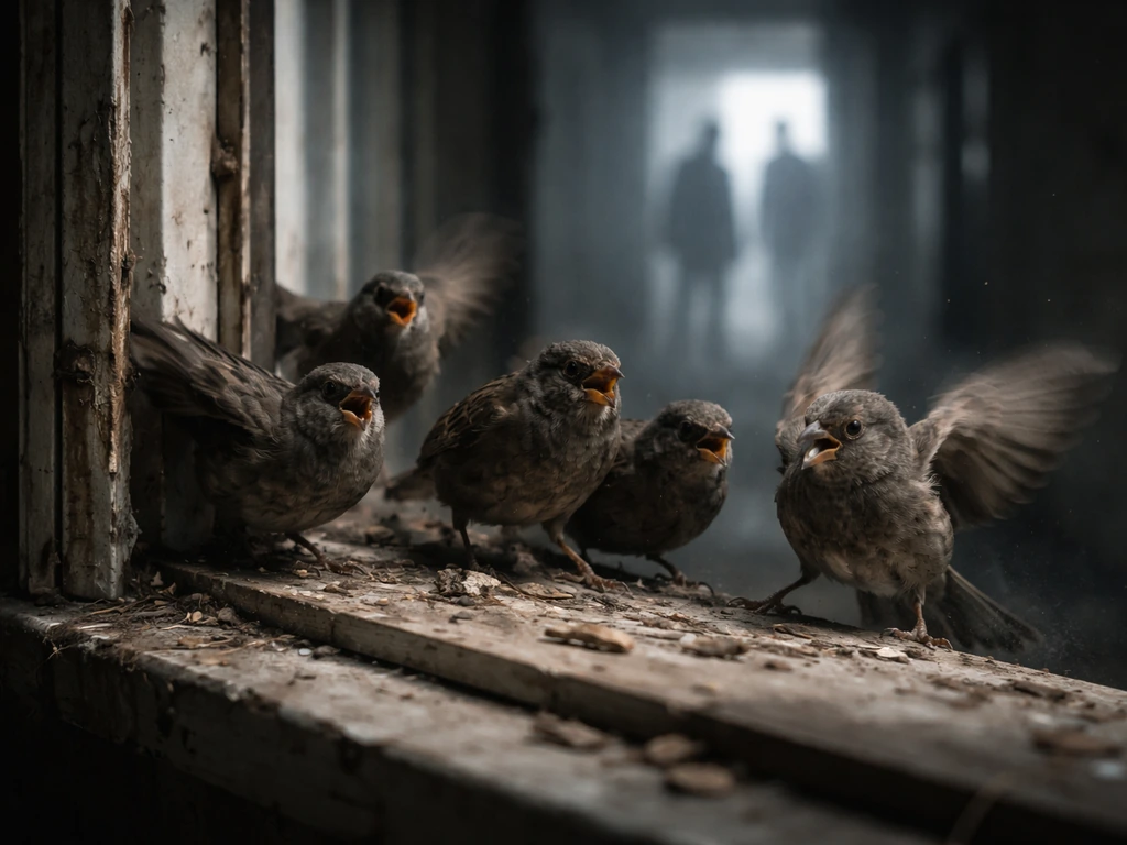 Agitated flock of birds perched by a broken window as distant, blurred human silhouettes wait in haze.