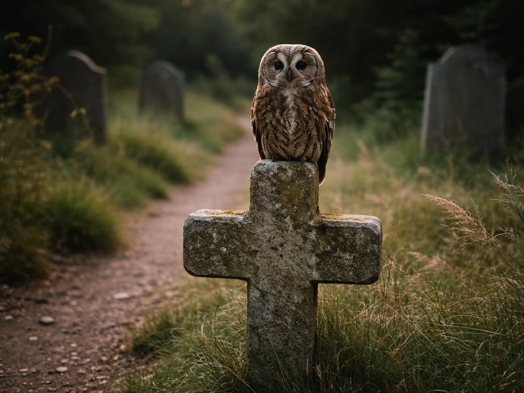 An owl perched beside an old stone cross marker in soft natural light