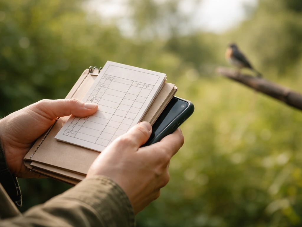 Person outdoors holds a notebook/phone with a bird-sighting log card, bird blurred in background bokeh.