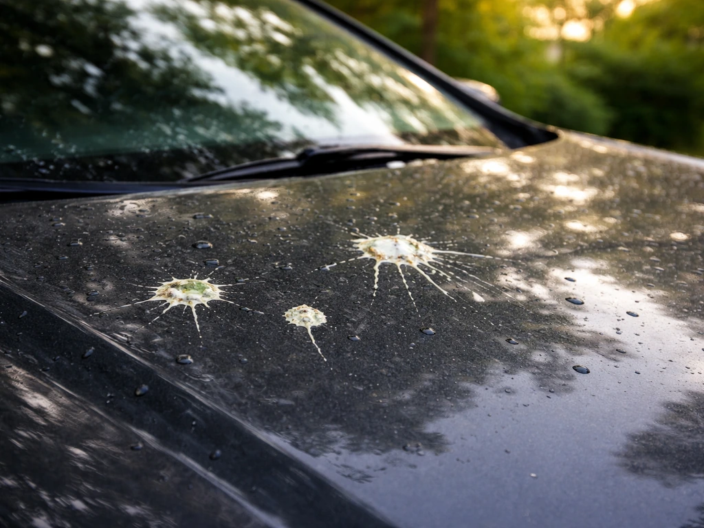 Close-up of bird droppings on a car hood/windshield with a soft warm outdoor tree backdrop.