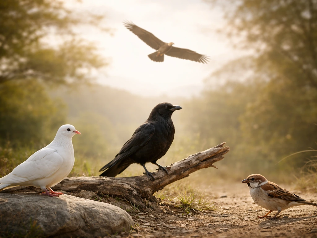 Minimal natural-light scene with symbolic birds—dove, raven, eagle, sparrow—suggesting biblical themes