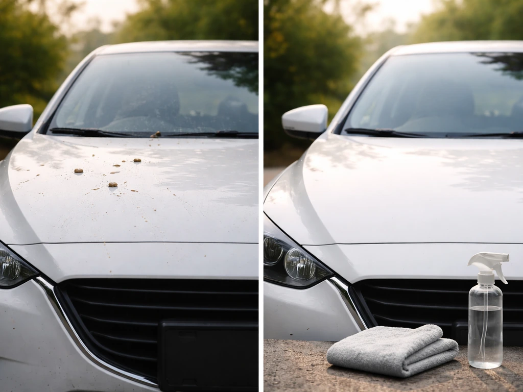 Split view of a car hood with bird droppings on the left and gentle cleaning cloth cues on the right.
