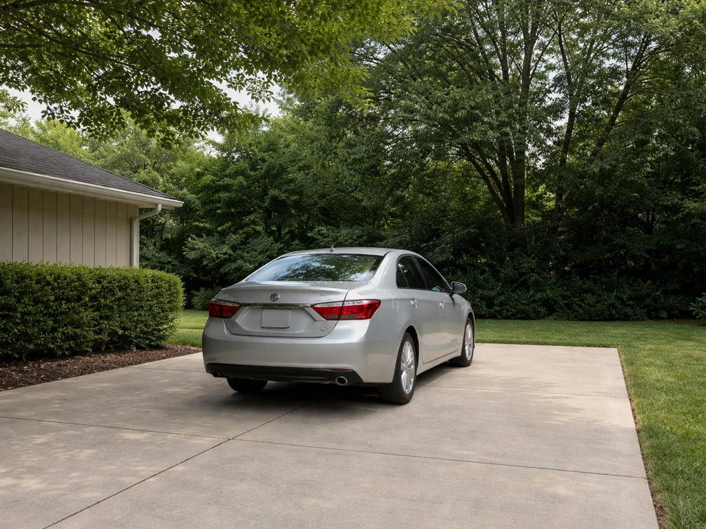 Car parked safely away from overhanging branches and rooftop ledges in a quiet driveway.